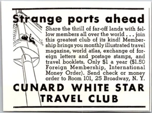 PRINT AD 1936 Cunard White Star Travel Club Strange Ports Ahead SMALL 2.5 x 3 - Picture 1 of 3