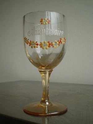 VERRE EMAILLE ANCIEN "ANNIVERSAIRE" DECO SOUVENIR VINTAGE GLASS art table - Photo 1/4