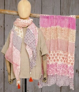 Damenschal Tuch Baumwolle 100x180cm weiß rosa Quasten Blockprint Sarah & Sally