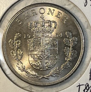 1964 Denmark 5 Kroner Uncirculated BU Toned Coin KM#853.1, Only 1,443,498 Minted - Picture 1 of 13