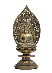 Buddha Statue Shaka Nyorai sitzende Statue 18cm alt Gold Buddhistischer Bildhauer - Bild 1 von 9