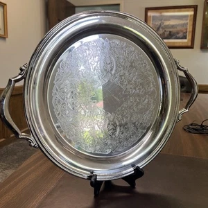 Vintage Oneida versilbert Ridgewood rundes Tablett mit Griffen 14,5" - Bild 1 von 18