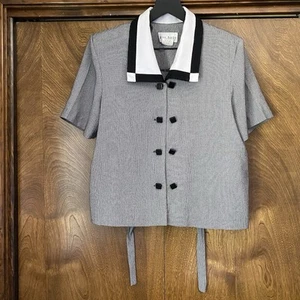 Vintage Miss Dorby Size 14 Blouse Short Sleeve Workwear Black White Shoulder Pad - Picture 1 of 12
