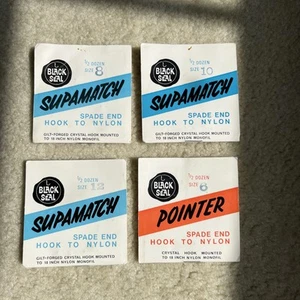 4 X Packs Of 1/2 Dozen Vintage Fish Hooks Black Seal Supamatch Pointer Spade End - Picture 1 of 5
