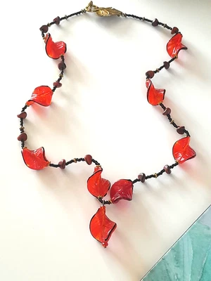 Artisan Handmade Diochroic Art Glass Red Leaf Black Strand 24" Necklace WOW - Image 1 of 4