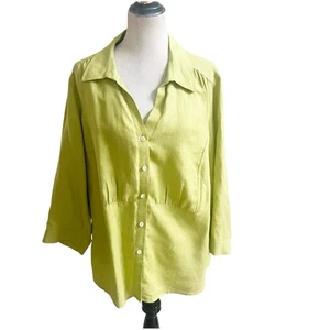 Talbots Woman Pure Irish Linen Button Front Pleated Tunic Size 18w Green Collar - Picture 1 of 11