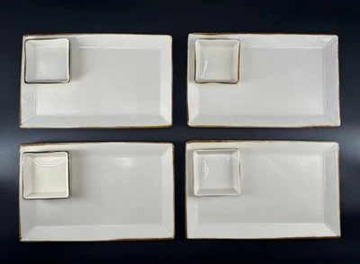 Set Of 4 Pottery Barn ASIAN SQUARE Putty Sushi Platter Plates And Sauce Holders - Image 1 of 4