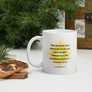 Psalms 37:11 Bible Verse Coffee Mug Premium Ceramic Cup Gift Peaceful Horizon - Picture 1 of 7