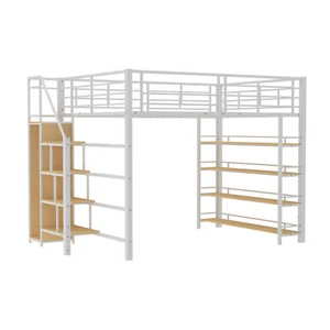 Hochbett 140x200 Metallbett mit Treppe, Ablage & Kleiderschrank Jugendbett Weiß - Bild 1 von 8