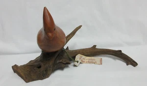 VTG MCM Hand Carved Cardinal Bird Sculpture Perched on Driftwood Stand - Picture 1 of 6
