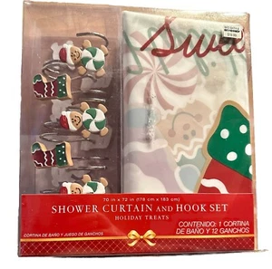 Cute Vtg “Holiday Treats” Christmas Shower Curtain & 12 Hook Set 70" x 72" NIP - Picture 1 of 7