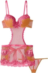 *NWT* JUST SEXY WOMEN'S FISHNET PADDED CUP APRON ORANGE/PINK X-LARGE - Picture 1 of 2