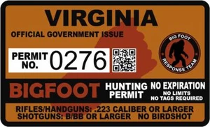 Calcomanía de vinilo Sasquatch con permiso de caza Virginia VA Bigfoot Hunter de 4 - Imagen 1 de 1
