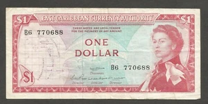 East Caribbean; 1 Dollar N.D. (1965); VF; P-13a; L-B101a2; QEII; Palm tree - Picture 1 of 2