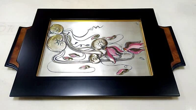 Vassoio in legno e argento 925  a lastra dipinto a mano - Immagine 1 di 4