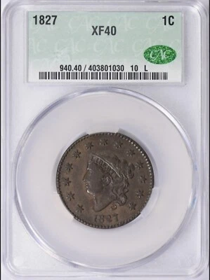 1827 1c Coronet or Matron Head Large Cent CAC XF40 Nicely Circulated - Image 1 of 2