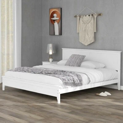 Cama con plataforma king de madera maciza blanca moderna ECLENYES (defectuosa) $590 NB197 Foto 1 de 4