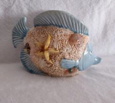 Vintage Ceramic Fish Planter Pot Light Blue With Star Fish Shells Ocean Sea