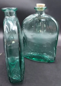 Vintage Vidrio De Levante Beautiful Set of Two Green Glass Bottles made in Spain - Picture 1 of 14