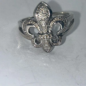 Fleur De Lis Ring Sterling Silver cz Size 9.75, 925 - Picture 1 of 8