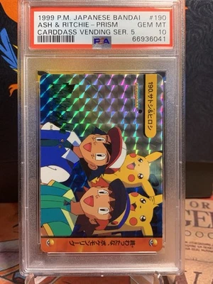 1999 POKEMON JPN BANDAI CARDDASS VENDING SER 5 #190 ASH & RITCHIE-PRISM PSA 10 - Image 1 of 2