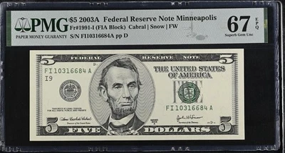 2003A $5 Federal Reserve Note Fr-1991-I Minneapolis PMG67 Superb Gem EPQ - Image 1 of 2