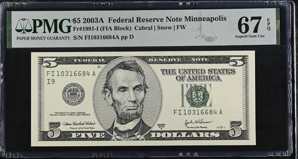2003A $5 Federal Reserve Note Fr-1991-I Minneapolis PMG67 Superb Gem EPQ - Image 1 of 2