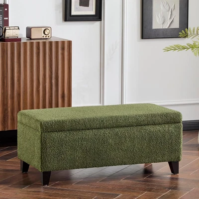 Otomana de almacenamiento Vayne Boucle, banco otomano rectangular, patas de madera de abedul, orificios Foto 1 de 4