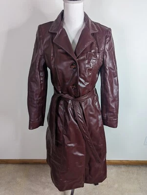 Gabardina larga vintage años 70 de cuero rojo con cinturón para mujer talla pequeña Foto 1 de 4