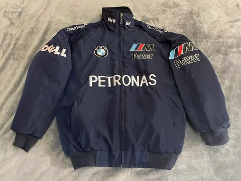 Unisex Adults F1 Team Racing BMW Jacket Navy Blue Embroidery Cotton Padded Cover