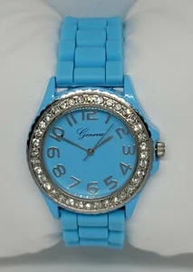 Ladies Geneva S Silver Tone Blue Poly Band Sparkly Analog Watch F1 - Picture 1 of 9