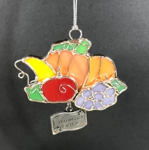 VTG Pumpkin, Apple, Grapes Stained Glass Window Wall Hanger w/ Celebrate Charm - Picture 1 of 2