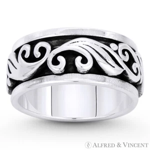 Swirl Pattern "Wind Gust" Charm Oxidized 925 Sterling Silver 9mm Wide Men's Band - Picture 1 of 1