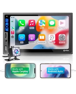 Double Din 7" Car Stereo W/ Backup Cam Android/Apple Carplay Radio Touch Screen - Picture 1 of 12