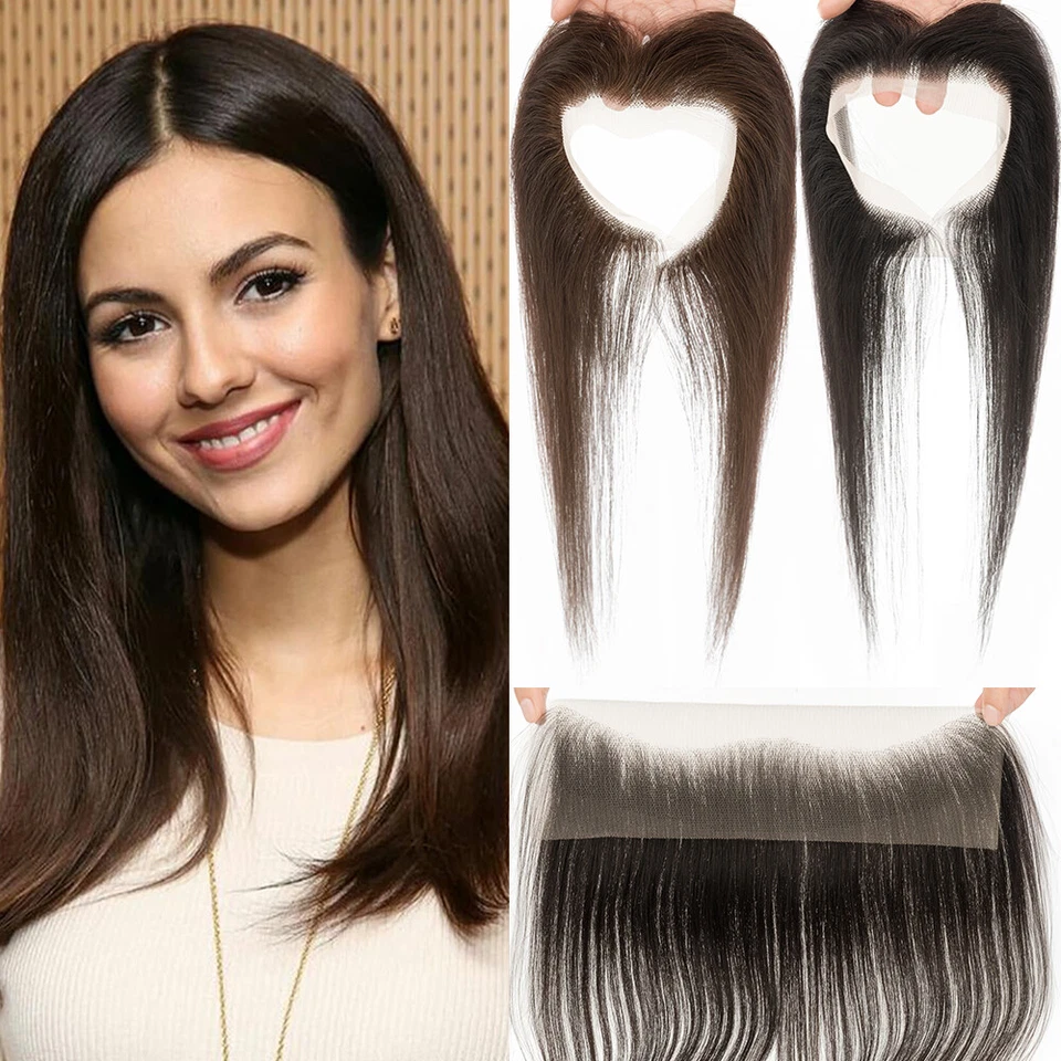 Pieza de pelo frontal de encaje para mujeres línea del cabello cabello humano pre depilado pérdida toupee Foto 1 de 4