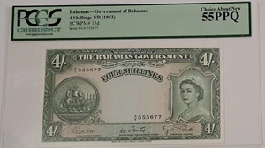 BAHAMAS GOVERNMENT 4 SHILLINGS 1953 QE II SN# A6555677 PCGS 55 PPQ *RARE* Note - Picture 1 of 4
