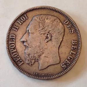 Belgium 1873 A Silver Five (5) Francs Leopold II - Picture 1 of 2