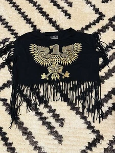 FREEZE Womens Top Juniors Eagle Tribal Falcon Fringe Black Crop Med 7/9 Concert - Picture 1 of 6