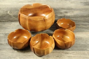 Vintage MCM BLAIR Hawaii MONKEY POD wood hand carved LOTUS BOWL SET - Picture 1 of 7