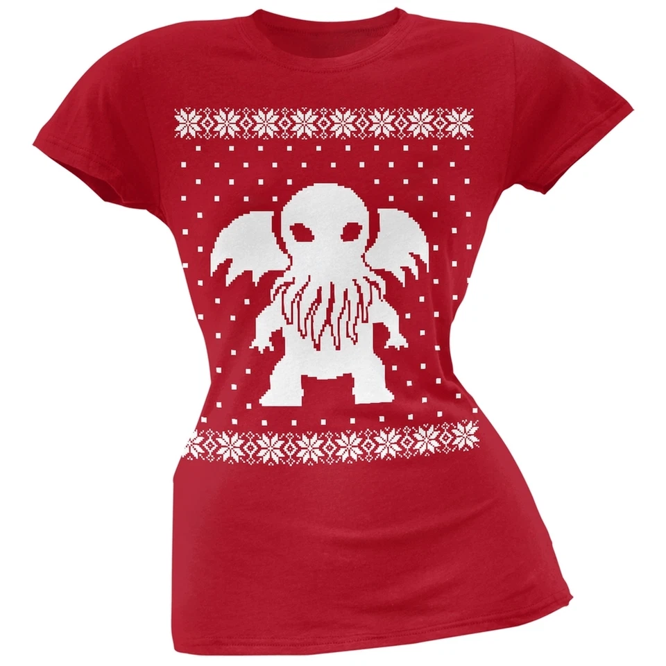Big Cthulhu Ugly Lovecraft Navidad Suéter Rojo Suave Camiseta Juniors Foto 1 de 1