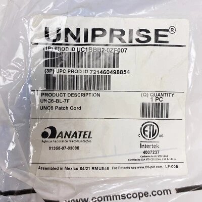 CommScope UNC6-BL-7F CAT 6 Ethernet Cables, Snagless Plugs, 7ft BLUE - Image 1 of 4