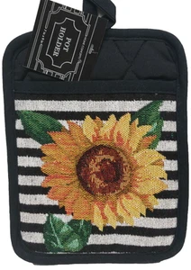 Stoff Gobelin Jumbo Topf Halter (7" x 9") SONNENBLUME AUF SCHWARZEN STREIFEN, HC - Bild 1 von 12