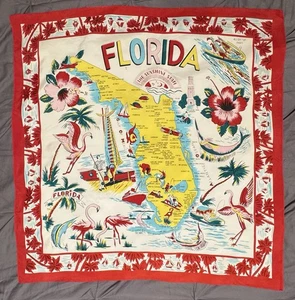 Vintage Florida Schal 28" mal 29" seidig Souvenir roter Rand Flamingos Boote Fisch - Bild 1 von 9