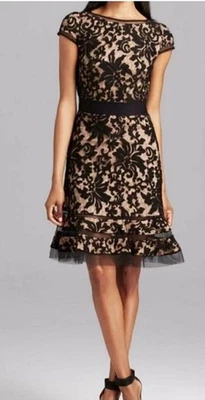 Tadashi Shoji Black Lace Cocktail Dress Knee Length Women’s Size 6 Nude Lining - Image 1 of 4