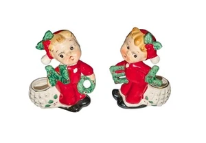 Vintage Christmas Commodore Noel Pajama Kids Cherub Candle Holder Set - Picture 1 of 19