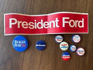 Vintage Nixon Reagan McGovern Ford Presidential Campaign Pins and Bumper Sticker - Picture 1 of 1
