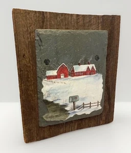 Original Kunst Gemälde Rot Scheune Land Winter Landschaft Schnee Schiefer Holz Vintage Eiche - Bild 1 von 21