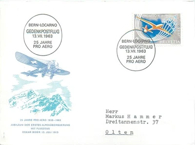 E0059 Switzerland 1963 Airmail - Pro-Aero first crossing of the Alps Oskar Bider - Image 1 of 2