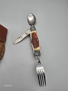 Vintage Camping Fork Spoon Folding Pocket Knife Leather Case Sheath Japan - Picture 1 of 4