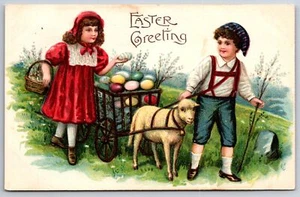 Victorian Easter~Boy & Girl Lead Lamb Pulling Colored Egg Cart~Embossed~Germany - Picture 1 of 2
